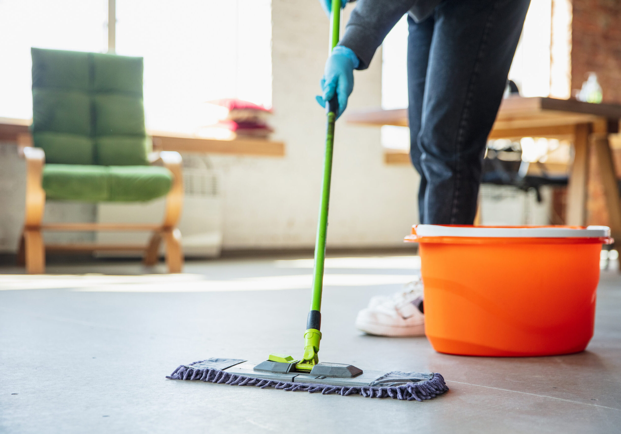 Disinfecting in home during epidemic - prevention and protection of coronavirus spreading. Protect respiratory system against pneumonia, COVID-19. Sanitizers, face mask, gloves.